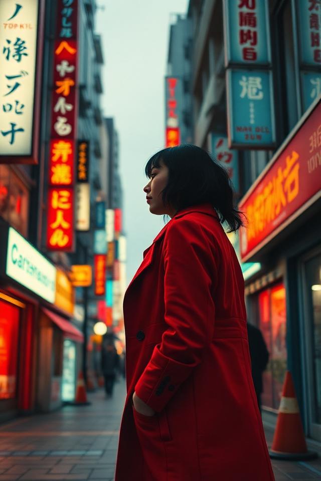 独立电影《赤色街角》竖版海报——东京霓虹下的红衣女子